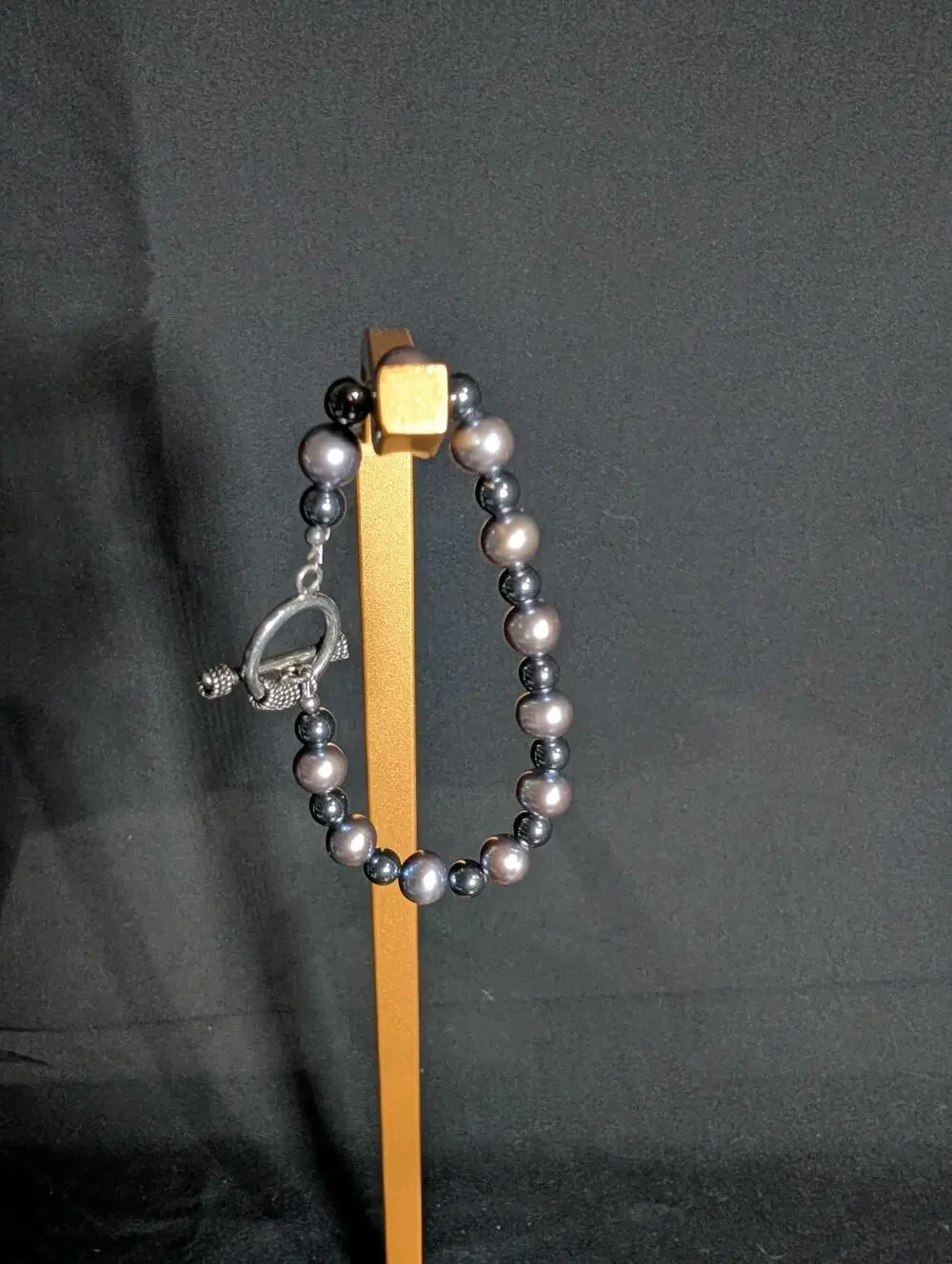 Gray Pearl Hematite Beaded Toggle Bracelet Y2K Dark Academia Gothic Chic